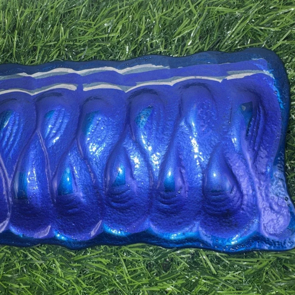 Fused Art Glass Ribbon Candy Tray Blue Magenta Silver Christmas Candy Dish Set